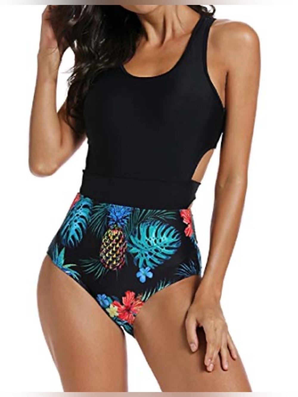 Mollybell Lilly Print Tropical High-Waist One-Piece Swimsuit - Black Multicolor